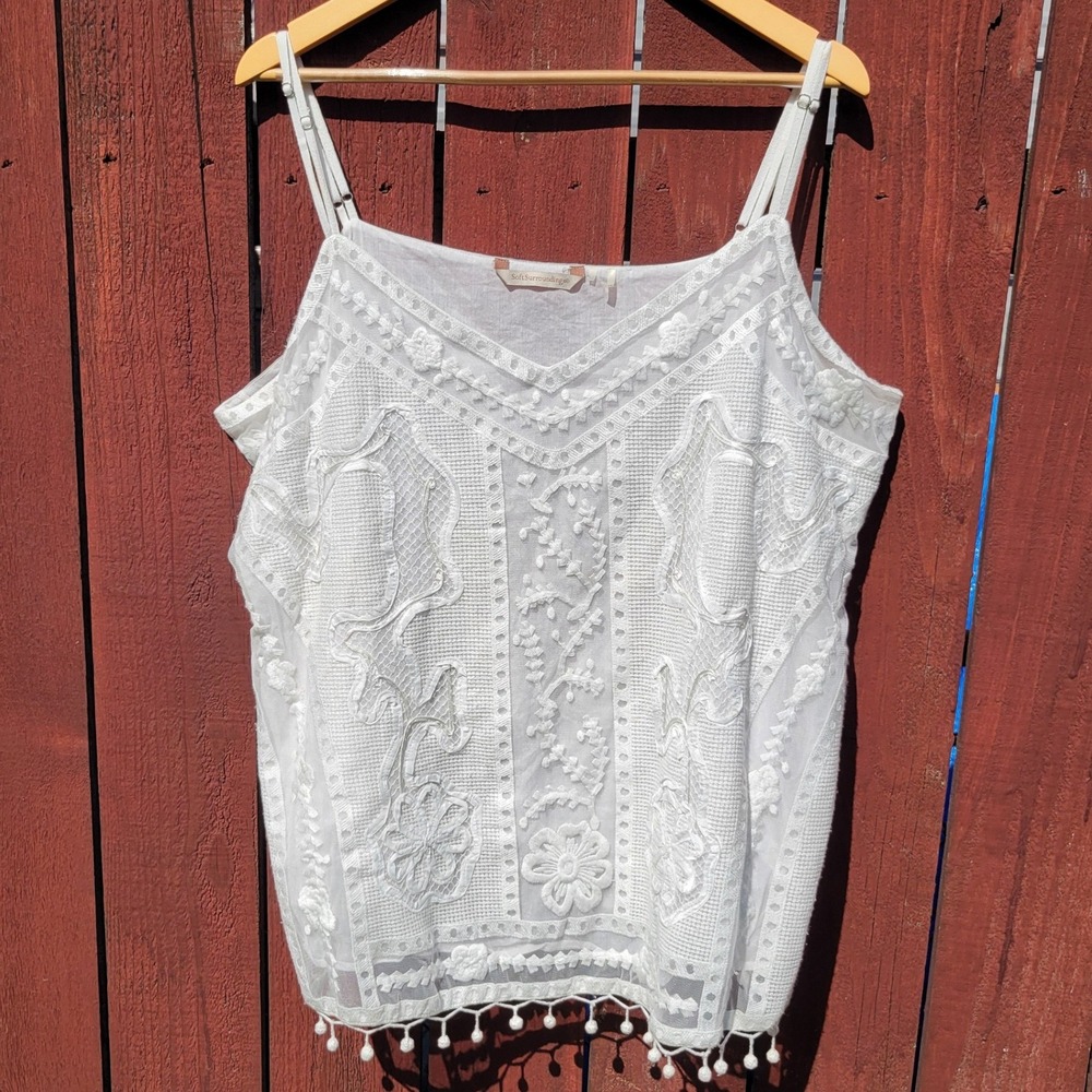 Soft Surroundings Antique Garden Embroidered Pom Pom Hem Cami Tank Top 2X Boho
